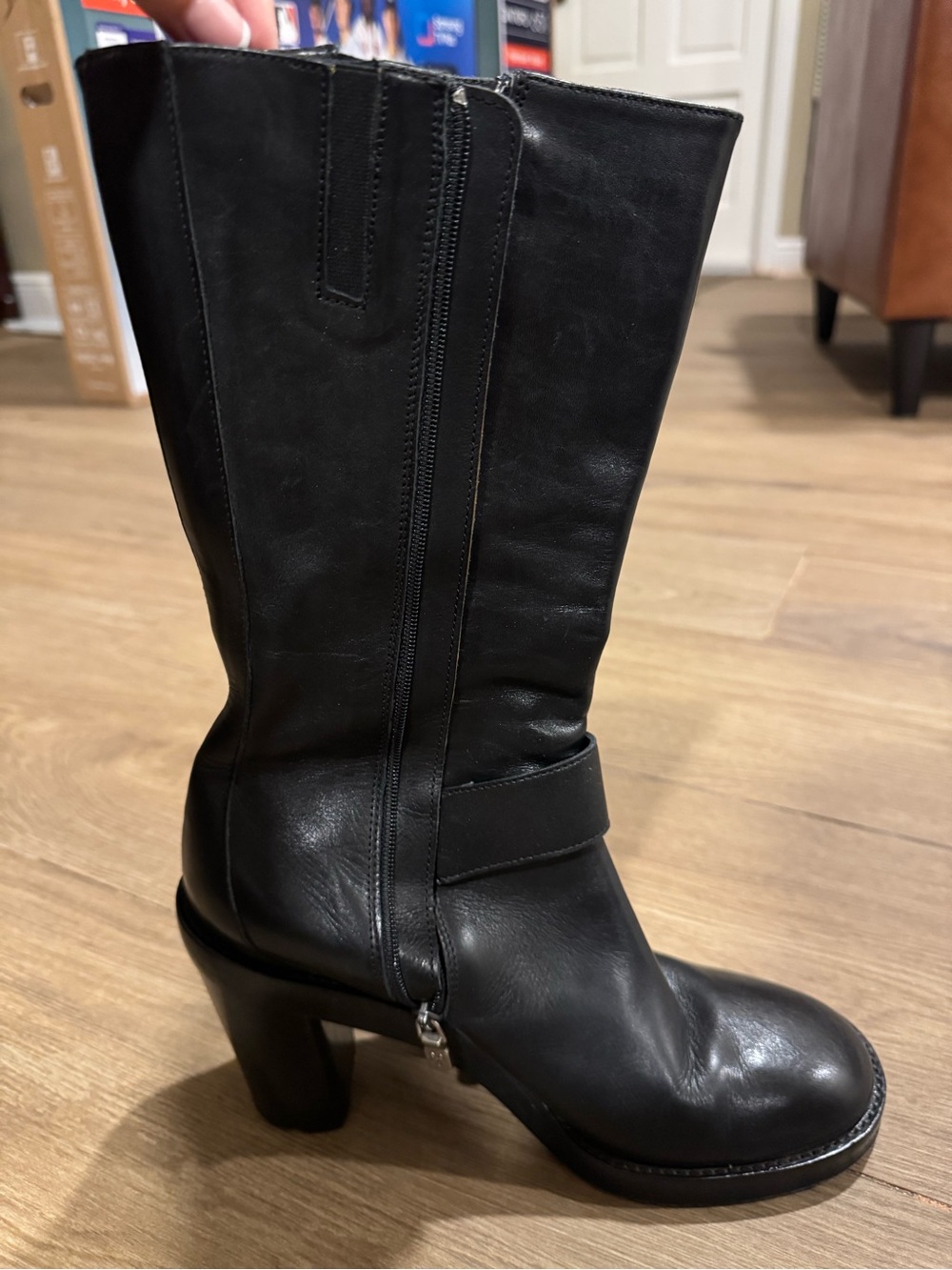 Donald J. Pliner Black Leather Mid-Calf Heel Boots with Side Zip